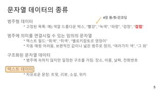 문자열 데이터의 종류
범주형 데이터
* 고정된 목록: 예) 색깔 드롭다운 박스, “빨강”, “녹색”, “파랑”, “검정”, “검점”
범주에 의미를 연결시킬 수 있는 임의의 문자열
* 텍스트 필드: “회색”, “쥐색”, “벨로키랍토르 엉덩이”
* 자동 매핑 어려움, 보편적인 값이나 넓은 범주로 정의, “여러가지 색”, “그 외”
구조화된 문자열 데이터
* 범주에 속하지 않지만 일정한 구조를 가짐: 장소, 이름, 날짜, 전화번호
텍스트 데이터
* 자유로운 문장: 트윗, 리뷰, 소설, 위키
5
4장 원-핫-인코딩
 