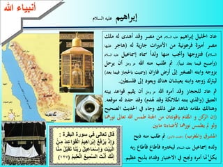 14
‫اهيم‬‫ر‬‫إب‬‫السالم‬ ‫عليه‬
‫عاد‬‫اخلليل‬‫اهيم‬‫ر‬‫إب‬‫عليه‬‫السالم‬‫من‬‫مصر‬‫وقد‬‫أهدى‬‫له‬‫ملك‬
‫مصر‬‫أمية‬‫فرعونية‬‫من‬‫ات‬‫ي‬‫األم‬‫ية‬‫ر‬‫جا‬‫له‬(‫هاجر‬‫ع‬‫ليها‬
‫السالم‬)‫فتزوجها‬‫وأجنب‬‫منها‬‫ولدا‬‫مساه‬‫إمساعيل‬‫ع‬‫ليه‬‫السالم‬
(‫وأصبح‬‫فيما‬‫بعد‬‫نبيا‬).‫مث‬‫طلب‬‫منه‬‫هللا‬‫عز‬‫وجل‬‫أ‬‫ن‬‫يرحل‬
‫بزوجه‬‫وابنه‬‫الصغي‬‫إىل‬‫أرض‬‫ان‬‫ر‬‫فا‬(‫ومسيت‬‫ابحل‬‫جاز‬‫فيما‬‫بعد‬)
‫ك‬ ‫لي‬‫زوجه‬‫وابنه‬‫يعيشان‬‫هناك‬‫ويعود‬‫إىل‬‫ف‬‫لسطني‬.
‫مث‬‫عاد‬‫للحجاز‬‫وقد‬‫أمره‬‫هللا‬‫عز‬‫وجل‬‫أن‬‫يقيم‬‫قواعد‬‫ب‬‫يته‬
‫العتيق‬(‫والذي‬‫بنته‬‫املالئكة‬‫وقد‬‫دم‬ُ‫ه‬)‫وقد‬‫حدد‬‫له‬‫موقعه‬.
‫وهنالك‬‫مقامه‬‫شاهد‬‫على‬‫ذلك‬‫وجاء‬‫يف‬‫احلديث‬‫الص‬‫حيح‬
(‫إن‬‫كن‬‫الر‬‫و‬‫املقام‬‫ايقوتتان‬‫من‬‫اننة‬‫طمس‬‫هللا‬‫ت‬‫عاىل‬‫نورمها‬
‫ولو‬‫مل‬‫يطمس‬‫نورمها‬‫ألضاءات‬‫مابني‬
‫املشر‬‫واملغرب‬)(‫احملدث‬‫األلباين‬)‫مث‬‫طلب‬‫منه‬‫ذبح‬
‫ولده‬‫إمساعيل‬‫عليه‬‫السالم‬‫ليختربه‬‫فأطاع‬‫فأطاع‬‫ب‬‫ر‬‫ه‬
‫بكل‬‫ما‬‫أمره‬‫وجنح‬‫يف‬‫االختبار‬‫وفداه‬‫بذبح‬‫عظي‬‫م‬.
‫ءعهللا‬ ‫أنب‬
‫ع‬ ‫تعال‬ ‫ق‬‫يع‬‫ع‬ ‫سة‬‫بق‬ ‫ا‬:
‫ع‬َ ْ‫ب‬ِ‫إ‬‫ع‬ُ‫ع‬َ ْ َ ‫ع‬ْ‫ذ‬ِ‫إ‬َ‫ة‬‫ا‬ِِ‫ا‬َ‫ة‬َ‫ق‬ْ ‫عا‬ُ ِ‫ه‬‫ا‬‫ع‬ْ‫ان‬ِ‫َعم‬‫د‬
‫ع‬ِِ َ‫م‬ْ‫س‬ِ‫إ‬َ‫ِعة‬‫ت‬ْ َ‫ب‬ْ ‫ا‬‫ع‬َ‫ا‬‫ع‬ َ‫ن‬َّ‫ب‬َ ‫ع‬ُ‫ت‬‫ع‬َّ‫ن‬ِ‫ْعم‬‫ت‬َّ‫ب‬َ‫ق‬‫ع‬
‫ع‬ِ‫م‬َّ‫س‬ ‫عا‬َ‫ت‬ْ‫ن‬َ‫عأ‬َ‫ك‬َّ‫ن‬ِ‫إ‬‫ع‬ُ ِ َ‫ل‬ْ ‫عا‬ُ‫ع‬(127)
 