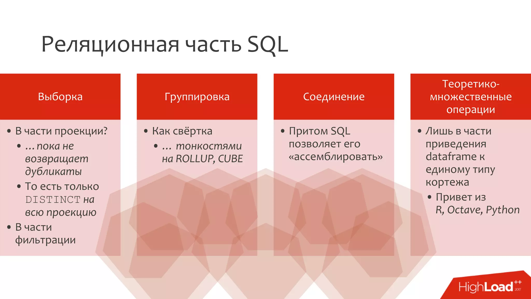 Реляционная часть SQL
Выборка
• В части проекции?
• …пока не
возвращает
дубликаты
• То есть только
DISTINCT на
всю проекцию
• В части
фильтрации
Группировка
• Как свёртка
• … тонкостями
на ROLLUP, CUBE
Соединение
• Притом SQL
позволяет его
«ассемблировать»
Теоретико-
множественные
операции
• Лишь в части
приведения
dataframe к
единому типу
кортежа
• Привет из
R, Octave, Python
 