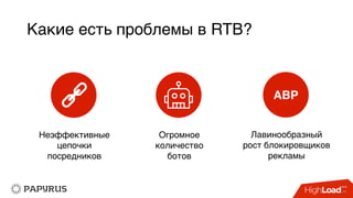 Какие есть проблемы в RTB?
Неэффективные
цепочки
посредников
Огромное
количество
ботов
Лавинообразный
рост блокировщиков
рекламы
ABP
 