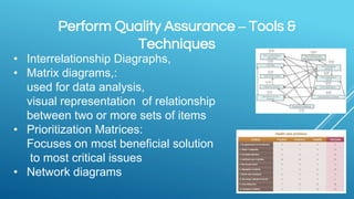 Perform Quality Assurance – Tools &
Techniques
• Interrelationship Diagraphs,
• Matrix diagrams,:
used for data analysis,
visual representation of relationship
between two or more sets of items
• Prioritization Matrices:
Focuses on most beneficial solution
to most critical issues
• Network diagrams
 