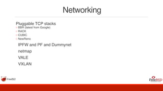 Networking
Pluggable TCP stacks
◦ BBR (latest from Google)
◦ RACK
◦ CUBIC
◦ NewReno
  IPFW and PF and Dummynet
  netmap
  VALE
  VXLAN
 