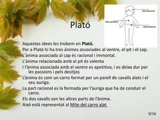 Plató
Aquestes idees les trobem en Plató.
Per a Plató hi ha tres ànimes associades al ventre, el pit i el cap.
L'ànima associada al cap és racional i immortal.
L'ànima relacionada amb el pit és valenta
I l’ànima associada amb el ventre es apetitiva, i es deixa dur per
les passions i pels desitjos
L’ànima és com un carro format per un parell de cavalls alats i el
seu auriga.
La part racional es la formada per l’auriga que ha de conduir el
carro.
Els dos cavalls son les altres parts de l’ànima.
Aixó està representat al Mite del carro alat
9/16
 