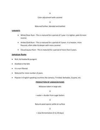 ↓
Color adjustment with caramel
↓
Matured further, blended and bottled
VARIANTS
• White/Silver Rum - This is matured for a period of 1 year. It is lighter, paler & more
neutral.
• Amber/Gold Rum - This is matured for a period of 3 years. It is heavier, more
flavored, often older & deeper with more caramel.
• Vieux/Liqueur Rum - This is matured for a period of more than 6 years.
Jamaican Rums
• Rich, full-bodied & pungent.
• Distilled in Pot Still.
• It is non-filtered.
• Matured for more number of years.
• Popular in English-speaking countries like Jamaica, Trinidad, Barbados, Guyana, etc.
PRODUCTION OF JAMAICAN RUMS
Molasses taken in large vats
↓
+ water + dunder from sugar boilers
↓
Natural yeast spores settle on surface
↓
= slow fermentation (5 to 20 days)
 