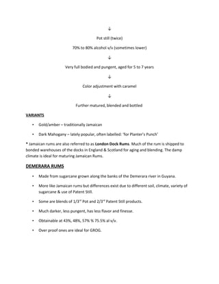↓
Pot still (twice)
70% to 80% alcohol v/v (sometimes lower)
↓
Very full bodied and pungent, aged for 5 to 7 years
↓
Color adjustment with caramel
↓
Further matured, blended and bottled
VARIANTS
• Gold/amber – traditionally Jamaican
• Dark Mahogany – lately popular, often labelled: ‘for Planter’s Punch’
* Jamaican rums are also referred to as London Dock Rums. Much of the rum is shipped to
bonded warehouses of the docks in England & Scotland for aging and blending. The damp
climate is ideal for maturing Jamaican Rums.
DEMERARA RUMS
• Made from sugarcane grown along the banks of the Demerara river in Guyana.
• More like Jamaican rums but differences exist due to different soil, climate, variety of
sugarcane & use of Patent Still.
• Some are blends of 1/3rd
Pot and 2/3rd
Patent Still products.
• Much darker, less pungent, has less flavor and finesse.
• Obtainable at 43%, 48%, 57% % 75.5% al v/v.
• Over proof ones are ideal for GROG.
 