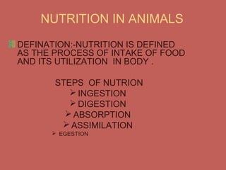 NUTRITION IN ANIMALS
DEFINATION:-NUTRITION IS DEFINED
AS THE PROCESS OF INTAKE OF FOOD
AND ITS UTILIZATION IN BODY .
STEPS OF NUTRION
 INGESTION
 DIGESTION
 ABSORPTION
 ASSIMILATION
 EGESTION
 