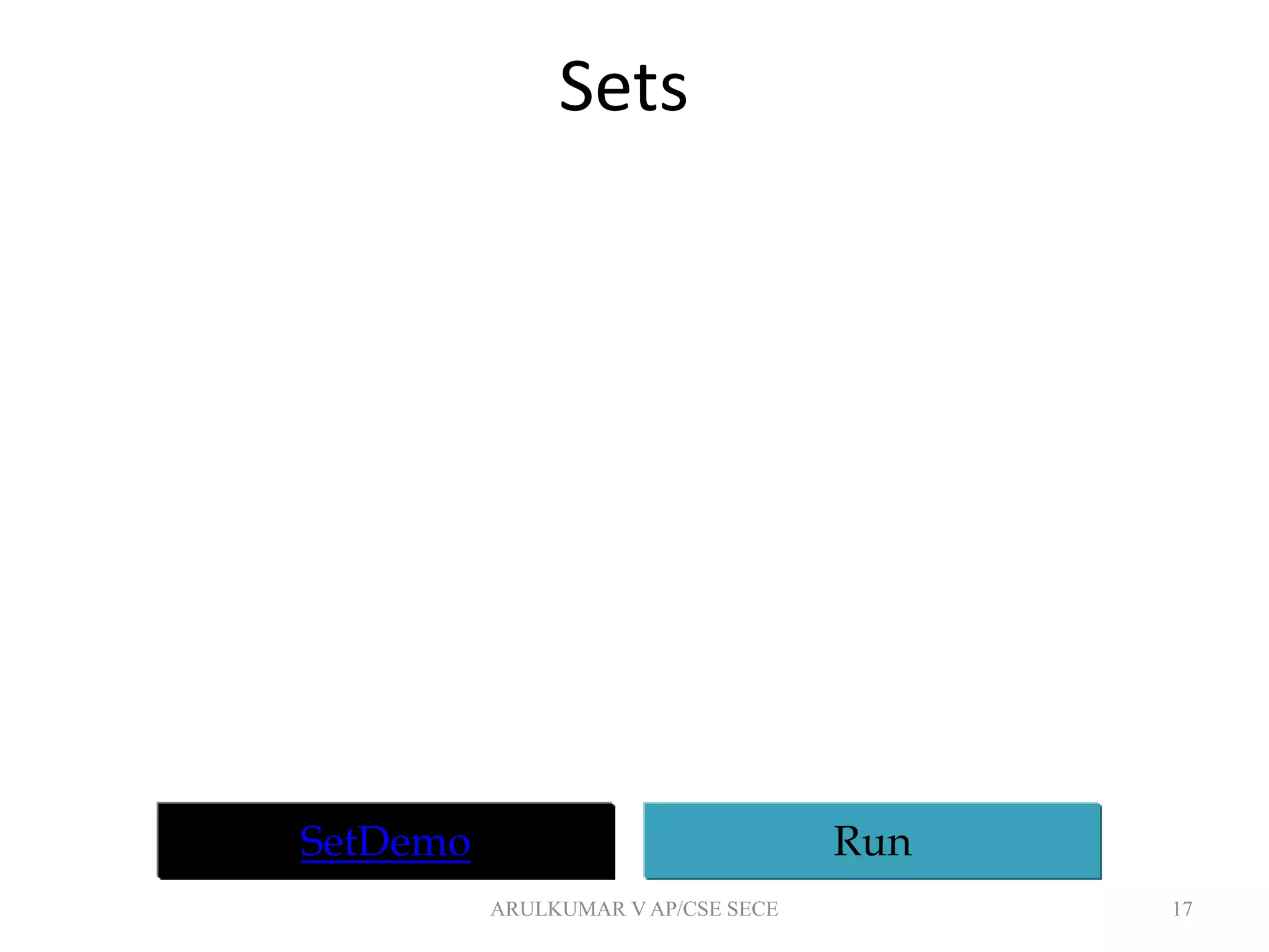 Sets
17
SetDemo Run
ARULKUMAR V AP/CSE SECE
 
