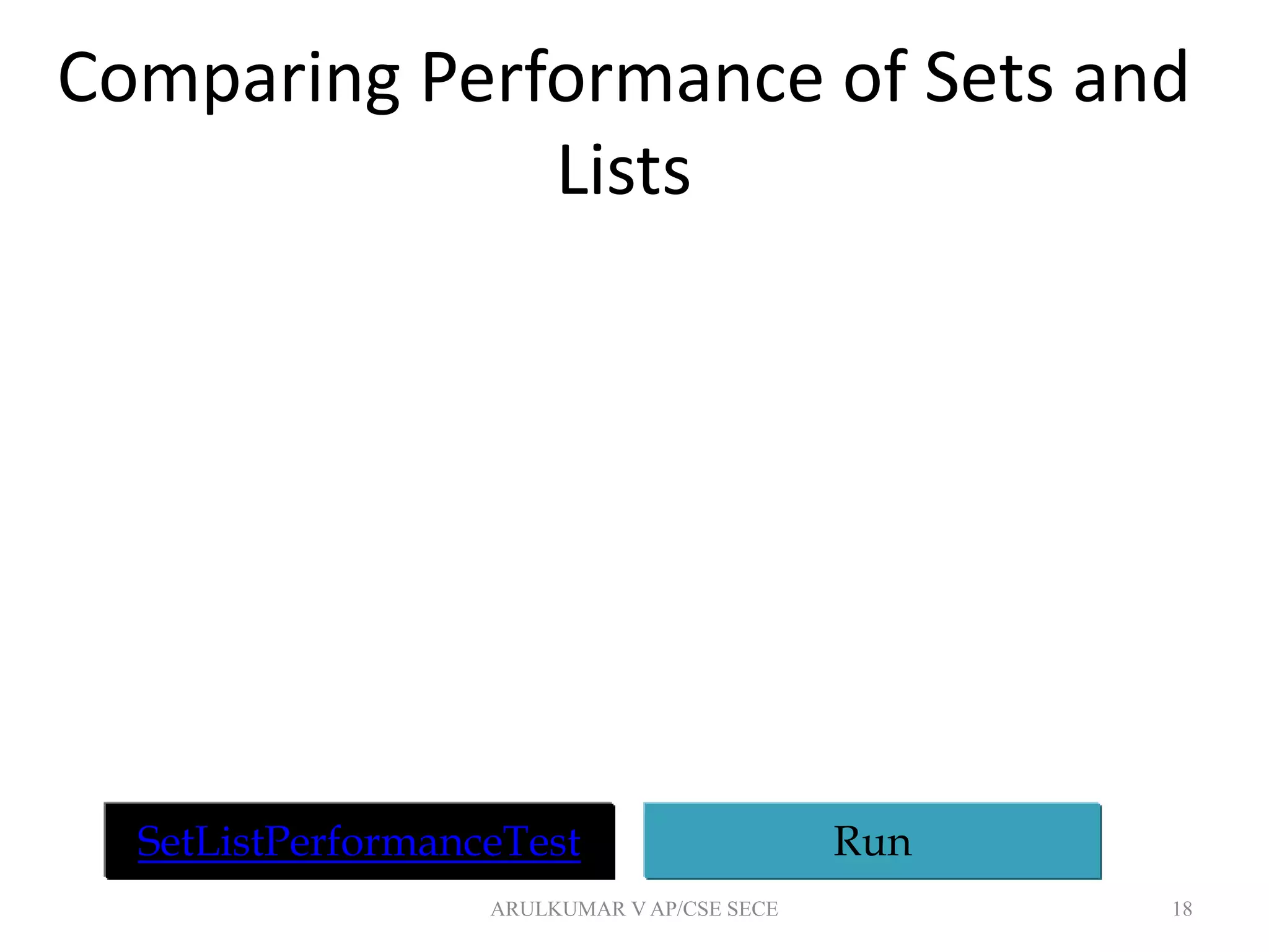 Comparing Performance of Sets and
Lists
18
SetListPerformanceTest Run
ARULKUMAR V AP/CSE SECE
 