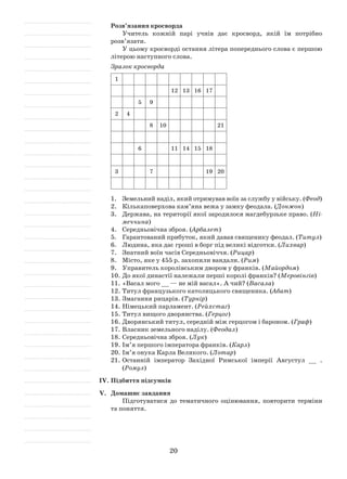 20
Розв’язання кросворда
Учитель кожній парі учнів дає кросворд, якій їм потрібно
розв’язати.
У цьому кросворді остання літера попереднього слова є першою
літерою наступного слова.
Зразок кросворда
1
12 13 16 17
5 9
2 4
8 10 21
6 11 14 15 18
3 7 19 20
1.	 Земельний наділ, який отримував воїн за службу у війську. (Феод)
2.	 Кількаповерхова кам’яна вежа у замку феодала. (Донжон)
3.	 Держава, на території якої зародилося магдебурзьке право. (Ні-
меччина)
4.	 Середньовічна зброя. (Арбалет)
5.	Гарантований прибуток, який давав священику феодал. (Титул)
6.	 Людина, яка дає гроші в борг під великі відсотки. (Лихвар)
7.	 Знатний воїн часів Середньовіччя. (Рицар)
8.	 Місто, яке у 455 р. захопили вандали. (Рим)
9.	 Управитель королівським двором у франків. (Майордом)
10.	До якої династії належали перші королі франків? (Меровінгів)
11.	«Васал мого __ — не мій васал». А чий? (Васала)
12.	Титул французького католицького священика. (Абат)
13.	Змагання рицарів. (Турнір)
14.	Німецький парламент. (Рейхстаг)
15.	Титул вищого дворянства. (Герцог)
16.	Дворянський титул, середній між герцогом і бароном. (Граф)
17.	Власник земельного наділу. (Феодал)
18.	Середньовічна зброя. (Лук)
19.	Ім’я першого імператора франків. (Карл)
20.	Ім’я онука Карла Великого. (Лотар)
21.	Останній імператор Західної Римської імперії Августул __ .
­(Ромул)
IV.	Підбиття підсумків
V.	 Домашнє завдання
Підготуватися до тематичного оцінювання, повторити терміни
та поняття.
 