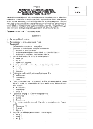 21
Клас
Дата
Урок 9
Тематичне оцінювання за темою:
«Народження середньовічного світу,
особливості його розвитку»
Мета: перевірити рівень загальноосвітньої підготовки учнів із вивчених
тем згідно з критеріями програми: рівень теоретичних знань дат, фактів,
подій, понять та їх розуміння й використання; перевірити рівень набутих
умінь і сформованих навичок роботи з історичною картою, опису й порів-
няння історичних подій та явищ; оцінити рівень навчальних досягнень уч-
нів з вивчених тем відповідно до державних вимог і мети уроків.
Тип уроку: контролю та перевірки знань.
Хід уроку
І.	Організаційний момент
ІІ.	Оцінювання та перевірка знань учнів
Завдання 1
Вибрати одну правильну відповідь.
1.	 Великим переселенням народів називають:
А	 відкриття нових земель;
Б	 завоювання германських племен під тиском гунів; +
В	 вторгнення арабів на територію Європи.
2.	 Королівство франків виникло на території:
А	Галлії; +
Б	 Італії;
В	 Північної Африки.
3.	 У 486 р. у битві біля міста Суассон франки розгромили:
А	 гунів;
Б	 арабів;
В	 римлян. +
4.	Головним міністром Франкської держави був:
А	 майордом; +
Б	 ерц-герцог;
В	 граф.
5.	 Представник короля в будь-якому регіоні королівства мав право
збирати податки, командував місцевим військом, виконував су­
дові функції.
А	 Майордом;
Б	 маркграф;
В	 граф. +
6.	Грошовий штраф за «Салічною правдою»:
А	 вергельд;
Б	 салід; +
В	 божий суд.
7.	 Хто з представників династії Меровінгів мав прізвисько Корот­
кий?
А	 Хільдерік ІІІ;
Б	 Хлодвіг;
В	 Піпін. +
8.	 Карл Великий був проголошений імператором:
А	 756 р.;
Б	 768 р.;
В	 800 р. +
 