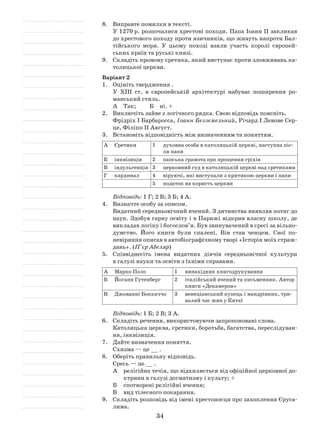 34
8.	 Виправте помилки в тексті.
	 У 1270 р. розпочалися хрестові походи. Папа Іоанн ІІ закликав
до хрестового походу проти язичників, що живуть напроти Бал­
тійського моря. У цьому поході взяли участь королі європей­
ських країн та руські князі.
9.	 Складіть промову єретика, який виступає проти зловживань ка­
толицької церкви.
Варіант 2
1.	 Оцініть твердження .
	 У ХІІІ ст. в європейській архітектурі набуває поширення ро­
манський стиль.
А	 Так; 	 Б  ні. +
2.	 Виключіть зайве з логічного рядка. Свою відповідь поясніть.
	 Фрідріх І Барбаросса, Іоанн Безземельний, Річард І Левове Сер­
це, Філіпп ІІ Август.
3.	 Встановіть відповідність між визначенням та поняттям.
А	 Єретики 1	 духовна особа в католицькій церкві, наступна піс­
ля папи
Б	 інквізиція 2	 папська грамота про прощення гріхів
В	 індульгенція 3	 церковний суд в католицькій церкві над єретиками
Г	 кардинал 4	 віруючі, які виступали з критикою церкви і папи
5	 податок на користь церкви
Відповідь: 1 Г; 2 В; 3 Б; 4 А.
4.	 Визначте особу за описом.
	 Видатний середньовічний вчений. З дитинства виявляв потяг до
наук. Здобув гарну освіту і в Парижі відкрив власну школу, де
викладав логіку і богослов’я. Був звинувачений в єресі за вільно­
думство. Його книги були спалені. Він став ченцем. Свої по­
невіряння описав в автобіографічному творі «Історія моїх страж­
дань». (П’єр Абеляр)
5.	 Співвіднесіть імена видатних діячів середньовічної культури
в галузі науки та освіти з їхніми справами.
А	 Марко Поло 1	 винахідник книгодрукування
Б	 Йоганн Гутенберг 2	 італійський вчений та письменник. Автор
книги «Декамерон»
В	 Джованні Боккаччо 3	 венеціанський купець і мандрівник, три­
валий час жив у Китаї
Відповідь: 1 Б; 2 В; 3 А.
6.	 Складіть речення, використовуючи запропоновані слова.
	 Католицька церква, єретики, боротьба, багатства, переслідуван­
ня, інквізиція.
7.	 Дайте визначення поняття.
Схизма — це __ .
8.	 Оберіть правильну відповідь.
Єресь — це __ .
А	 релігійна течія, що відхиляється від офіційної церковної до­
ктрини в галузі догматизму і культу; +
Б	 спотворені релігійні вчення;
В	 вид тілесного покарання.
9.	 Складіть розповідь від імені хрестоносця про захоплення Єруса­
лима.
 