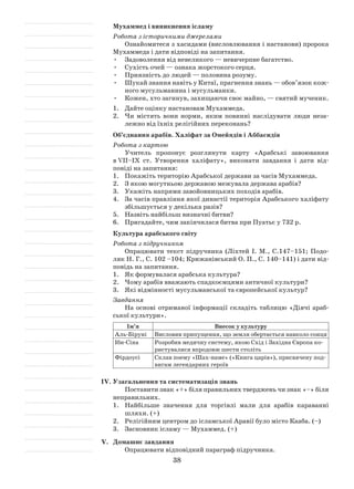 38
Мухаммед і виникнення ісламу
Робота з історичними джерелами
Ознайомитеся з хасидами (висловлювання і настанови) пророка
Мухаммеда і дати відповіді на запитання.
•	 Задоволення від невеликого — невичерпне багатство.
•	 Сухість очей — ознака жорстокого серця.
•	 Приязність до людей — половина розуму.
•	 Шукай знання навіть у Китаї, прагнення знань — обов’язок кож­
ного мусульманина і мусульманки.
•	 Кожен, хто загинув, захищаючи своє майно, — святий мученик.
1.	 Дайте оцінку настановам Мухаммеда.
2.	 Чи містять вони норми, яким повинні наслідувати люди неза­
лежно від їхніх релігійних переконань?
Об’єднання арабів. Халіфат за Омейядів і Аббасидів
Робота з картою
Учитель пропонує розглянути карту «Арабські завоювання
в VII–IX ст. Утворення халіфату», виконати завдання і дати від­
повіді на запитання:
1.	 Покажіть територію Арабської держави за часів Мухаммеда.
2.	 З якою могутньою державою межувала держава арабів?
3.	 Укажіть напрями завойовницьких походів арабів.
4.	 За часів правління якої династії територія Арабського халіфату
збільшується у декілька разів?
5.	 Назвіть найбільш визначні битви?
6.	 Пригадайте, чим закінчилася битва при Пуатьє у 732 р.
Культура арабського світу
Робота з підручником
Опрацювати текст підручника (Ліхтей І. М., С.147–151; Подо­
ляк Н. Г., С. 102 –104; Крижанівський О. П., С. 140–141) і дати від­
повідь на запитання.
1.	 Як формувалася арабська культура?
2.	 Чому арабів вважають спадкоємцями античної культури?
3.	 Які відмінності мусульманської та європейської культур?
Завдання
На основі отриманої інформації складіть таблицю «Діячі араб­
ської культури».
Ім’я Внесок у культуру
Аль-Біруні Висловив припущення, що земля обертається навколо сонця
Ібн-Сіна Розробив медичну систему, якою Схід і Західна Європа ко­
ристувалися впродовж шести століть
Фірдоусі Склав поему «Шах-наме» («Книга царів»), присвячену под­
вигам легендарних героїв
IV.	Узагальнення та систематизація знань
Поставити знак «+» біля правильних тверджень чи знак «–» біля
неправильних.
1.	 Найбільше значення для торгівлі мали для арабів караванні
шляхи. (+)
2.	Релігійним центром до ісламської Аравії було місто Кааба. (–)
3.	 Засновник ісламу — Мухаммед. (+)
V.	 Домашнє завдання
Опрацювати відповідний параграф підручника.
 