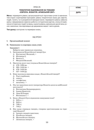 53
Клас
Дата
Урок 25
Тематичне оцінювання за темами
«Європа. Візантія. Арабський світ»
Мета: перевірити рівень загальноосвітньої підготовки учнів із вивчених
тем згідно з критеріями програми: рівень теоретичних знань дат, фактів,
подій, понять та їх розуміння й використання; перевірити рівень набутих
умінь і сформованих навичок роботи з історичною картою, опису й порів-
няння історичних подій та явищ; оцінити рівень навчальних досягнень уч-
нів з вивчених тем відповідно до державних вимог і мети уроків.
Тип уроку: контролю та перевірки знань.
Хід уроку
І.	Організаційний момент
ІІ.	Оцінювання та перевірка знань учнів
Завдання 1
Вибрати одну правильну відповідь.
1.	 Засновником Візантійської імперії був:
А	 Костянтин І Великий; +
Б	 Юстиніан І;
В	 Василь І;
Г	 Феодосій Великий.
2.	 Протягом якого часу існувала Візантійська імперія?
А	 476–1204 рр.
Б	 395–1453 рр. +
В	 476–1453 рр.
Г	 527–1453 рр.
3.	 Кому належала верховна влада у Візантійській імперії?
А	Раді старійшин;
Б	 сенату;
В	 логофесіям;
Г	 василевсу. +
4.	 Під час правління якого імператора Візантія досягла найбільшої
могутності?
А	 Костянтина Багрянородного;
Б	 Іоанна Цимісхія;
В	 Лева ІІІ Ісавра;
Г	 Юстиніана І. +
5.	 Коли у Візантії було відновлено шанування ікон?
А	 843 р.; +
Б	 943 р.;
В	 726 р.;
Г	 743 р.
6.	 Яку назву отримала імперія, створена хрестоносцями на тери­
торії Візантії?
А	 Імперія лицарів-християн;
Б	 Нікейська імперія;
В	 Малоазійська імперія;
Г	 Латинська імперія. +
 