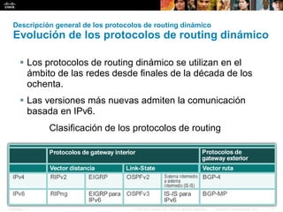 Presentation_ID 4© 2008 Cisco Systems, Inc. Todos los derechos reservados. Información confidencial de Cisco
Descripción general de los protocolos de routing dinámico
Evolución de los protocolos de routing dinámico
 Los protocolos de routing dinámico se utilizan en el
ámbito de las redes desde finales de la década de los
ochenta.
 Las versiones más nuevas admiten la comunicación
basada en IPv6.
Clasificación de los protocolos de routing
 