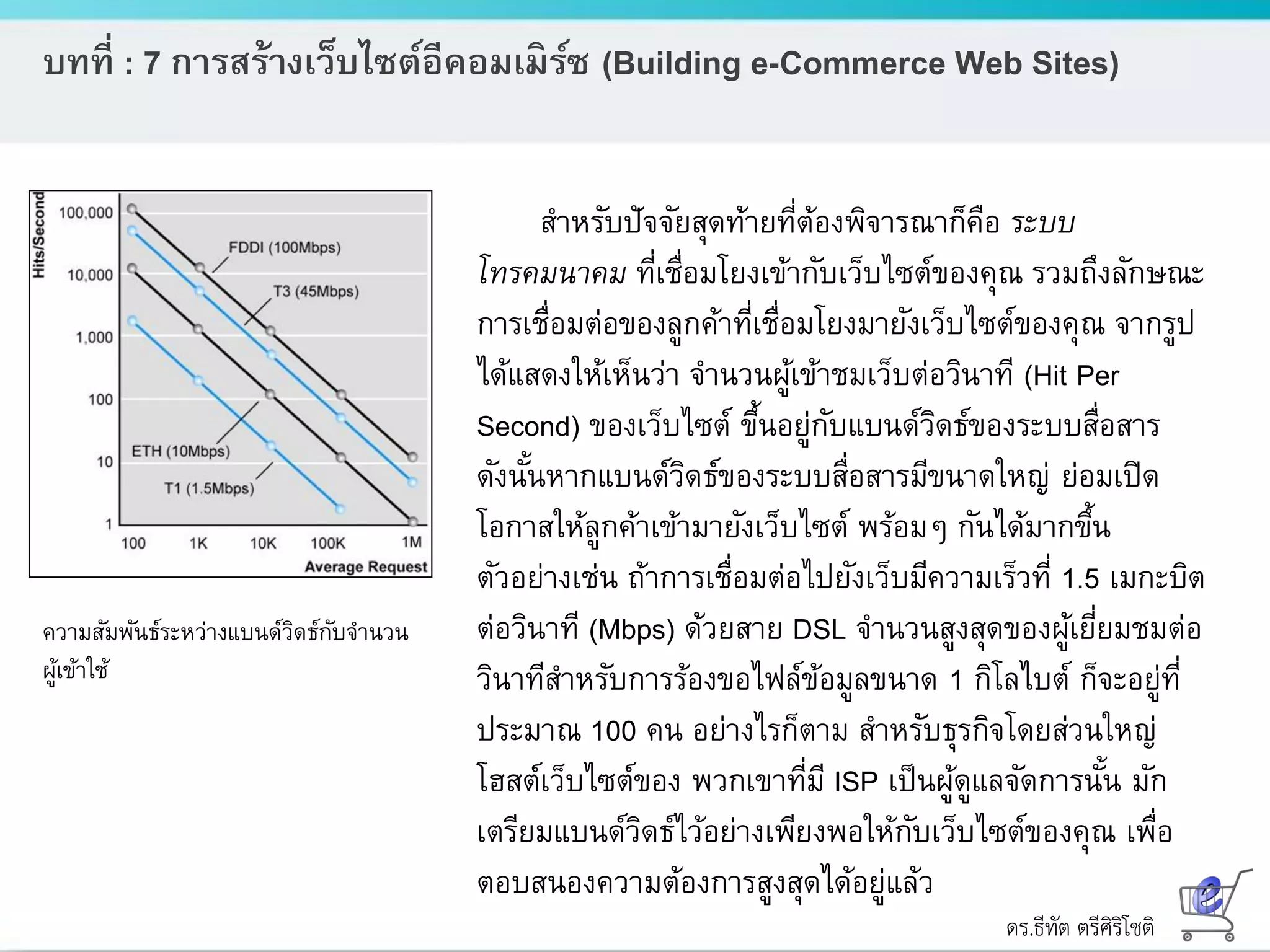 ดร.ธีทัต ตรีศิริโชติ
บทที่ : 7 การสร้างเว็บไซต์อีคอมเมิร์ซ (Building e-Commerce Web Sites)
ความสัมพันธ์ระหว่างแบนด์วิดธ์กับจานวน
ผู้เข้าใช้
สาหรับปัจจัยสุดท้ายที่ต้องพิจารณาก็คือ ระบบ
โทรคมนาคม ที่เชื่อมโยงเข้ากับเว็บไซต์ของคุณ รวมถึงลักษณะ
การเชื่อมต่อของลูกค้าที่เชื่อมโยงมายังเว็บไซต์ของคุณ จากรูป
ได้แสดงให้เห็นว่า จานวนผู้เข้าชมเว็บต่อวินาที (Hit Per
Second) ของเว็บไซต์ ขึ้นอยู่กับแบนด์วิดธ์ของระบบสื่อสาร
ดังนั้นหากแบนด์วิดธ์ของระบบสื่อสารมีขนาดใหญ่ ย่อมเปิด
โอกาสให้ลูกค้าเข้ามายังเว็บไซต์ พร้อมๆ กันได้มากขึ้น
ตัวอย่างเช่น ถ้าการเชื่อมต่อไปยังเว็บมีความเร็วที่ 1.5 เมกะบิต
ต่อวินาที (Mbps) ด้วยสาย DSL จานวนสูงสุดของผู้เยี่ยมชมต่อ
วินาทีสาหรับการร้องขอไฟล์ข้อมูลขนาด 1 กิโลไบต์ ก็จะอยู่ที่
ประมาณ 100 คน อย่างไรก็ตาม สาหรับธุรกิจโดยส่วนใหญ่
โฮสต์เว็บไซต์ของ พวกเขาที่มี ISP เป็นผู้ดูแลจัดการนั้น มัก
เตรียมแบนด์วิดธ์ไว้อย่างเพียงพอให้กับเว็บไซต์ของคุณ เพื่อ
ตอบสนองความต้องการสูงสุดได้อยู่แล้ว
 