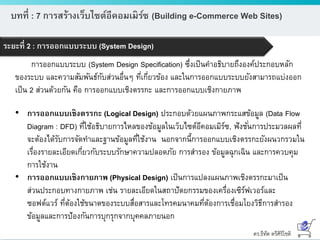 ดร.ธีทัต ตรีศิริโชติ
บทที่ : 7 การสร้างเว็บไซต์อีคอมเมิร์ซ (Building e-Commerce Web Sites)
ระยะที่ 2 : การออกแบบระบบ (System Design)
การออกแบบระบบ (System Design Specification) ซึ่งเป็นคาอธิบายถึงองค์ประกอบหลัก
ของระบบ และความสัมพันธ์กับส่วนอื่นๆ ที่เกี่ยวข้อง และในการออกแบบระบบยังสามารถแบ่งออก
เป็น 2 ส่วนด้วยกัน คือ การออกแบบเชิงตรรกะ และการออกแบบเชิงกายภาพ
• การออกแบบเชิงตรรกะ (Logical Design) ประกอบด้วยแผนภาพกระแสข้อมูล (Data Flow
Diagram : DFD) ที่ใช้อธิบายการไหลของข้อมูลในเว็บไซต์อีคอมเมิร์ซ, ฟังชั่นการประมวลผลที่
จะต้องได้รับการจัดทาและฐานข้อมูลที่ใช้งาน นอกจากนี้การออกแบบเชิงตรรกะยังผนวกรวมใน
เรื่องรายละเอียดเกี่ยวกับระบบรักษาความปลอดภัย การสารอง ข้อมูลฉุกเฉิน และการควบคุม
การใช้งาน
• การออกแบบเชิงกายภาพ (Physical Design) เป็นการแปลงแผนภาพเชิงตรรกะมาเป็น
ส่วนประกอบทางกายภาพ เช่น รายละเอียดในสถาปัตยกรรมของเครื่องเซิร์ฟเวอร์และ
ซอฟต์แวร์ ที่ต้องใช้ขนาดของระบบสื่อสารและโทรคมนาคมที่ต้องการเชื่อมโยงวิธีการสารอง
ข้อมูลและการป้องกันการบุกรุกจากบุคคลภายนอก
 