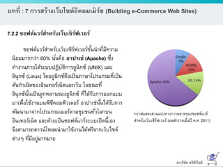 ดร.ธีทัต ตรีศิริโชติ
บทที่ : 7 การสร้างเว็บไซต์อีคอมเมิร์ซ (Building e-Commerce Web Sites)
7.2.2 ซอฟต์แวร์สาหรับเว็บเซิร์ฟเวอร์
ซอฟต์แวร์สาหรับเว็บเซิร์ฟเวอร์ชั้นนาที่มีความ
นิยมมากกว่า 60% นั่นคือ อาปาเช่ (Apache) ซึ่ง
ทางานภายใต้ระบบปฎิบัติการยูนิกซ์ (UNIX) และ
ลินุกซ์ (Linux) โดยยูนิกซ์ถือเป็นภาษาโปรแกรมที่เป็น
ต้นกาเนิดของอินเทอร์เน็ตและเว็บ ในขณะที่
ลินุกซ์นั้นเป็นลูกหลานของยูนิกซ์ ที่ได้รับการออกแบบ
มาเพื่อใช้งานบนพีซีคอมพิวเตอร์ อาปาเช่นั้นได้รับการ
พัฒนามาจากโปรแกรมเมอร์ตามชุมชนทั่วโลกบน
อินเทอร์เน็ต และด้วยเป็นซอฟต์แวร์ระบบเปิดนี้เอง
จึงสามารถดาวน์โหลดนามาใช้งานได้ฟรีจากเว็บไซต์
ต่างๆ ที่มีอยู่มากมาย
กราฟแสดงส่วนแบ่งทางการตลาดของซอฟต์แวร์
สาหรับเว็บเซิร์ฟเวอร์ (ผลสารวจเมื่อปี ค.ศ. 2011)
 