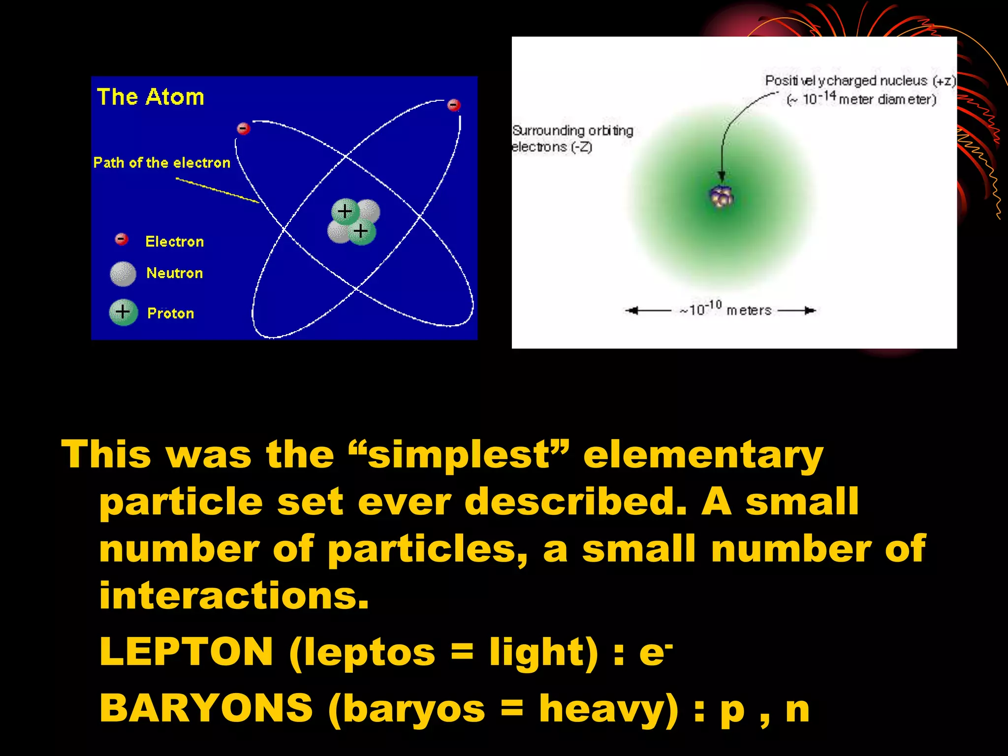 This was the “simplest” elementary
particle set ever described. A small
number of particles, a small number of
interactions.
LEPTON (leptos = light) : e-
BARYONS (baryos = heavy) : p , n
 