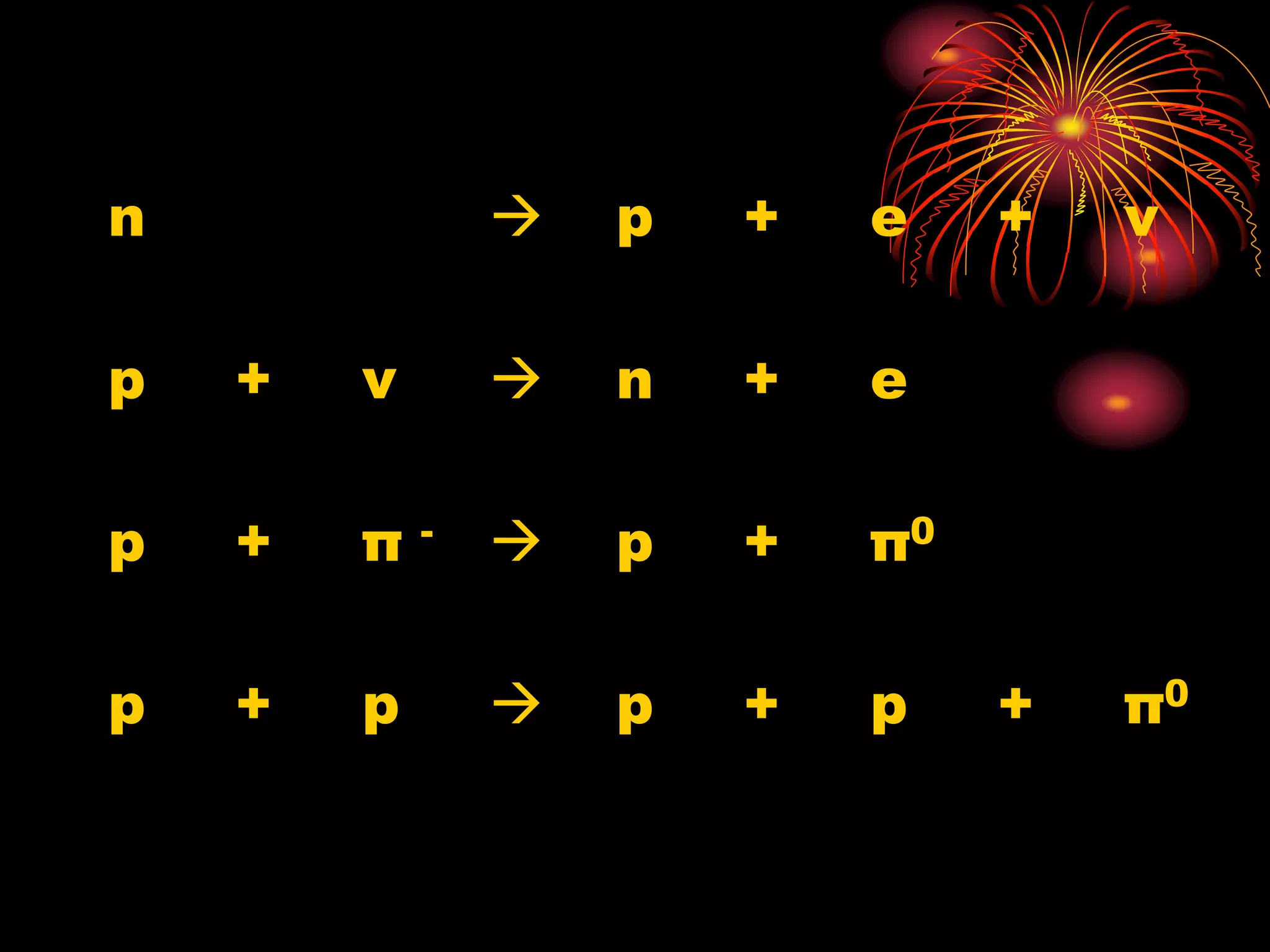 n  p + e + ν
p + ν  n + e
p + π -  p + π0
p + p  p + p + π0
 