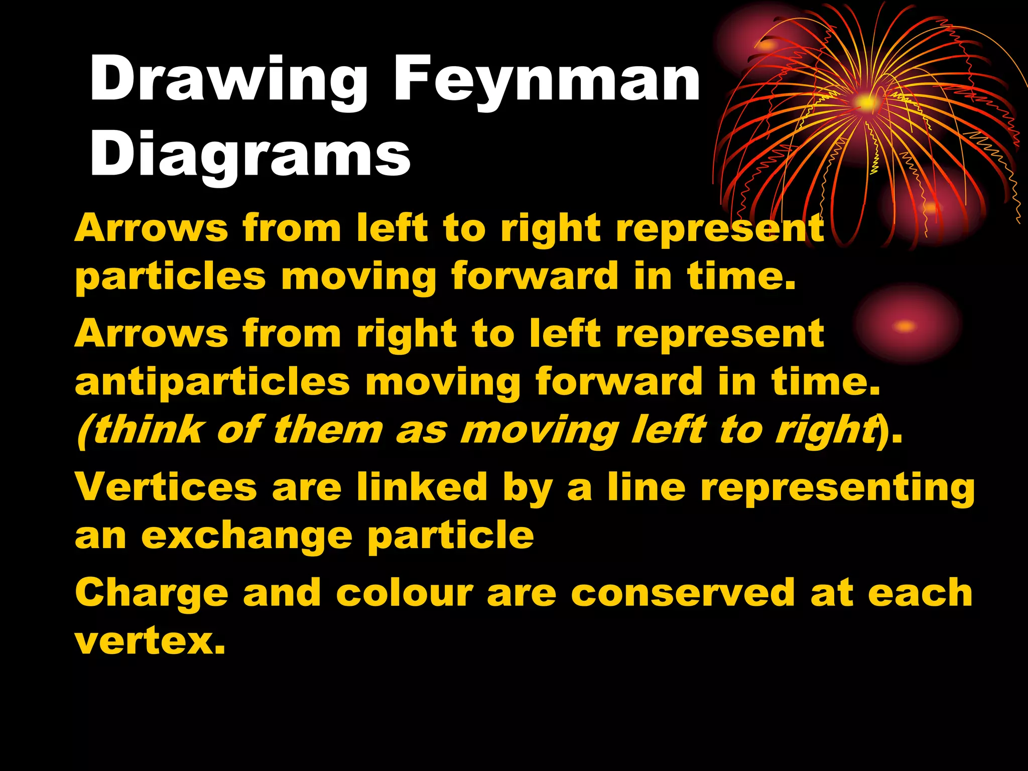 Drawing Feynman
Diagrams
Arrows from left to right represent
particles moving forward in time.
Arrows from right to left represent
antiparticles moving forward in time.
(think of them as moving left to right).
Vertices are linked by a line representing
an exchange particle
Charge and colour are conserved at each
vertex.
 