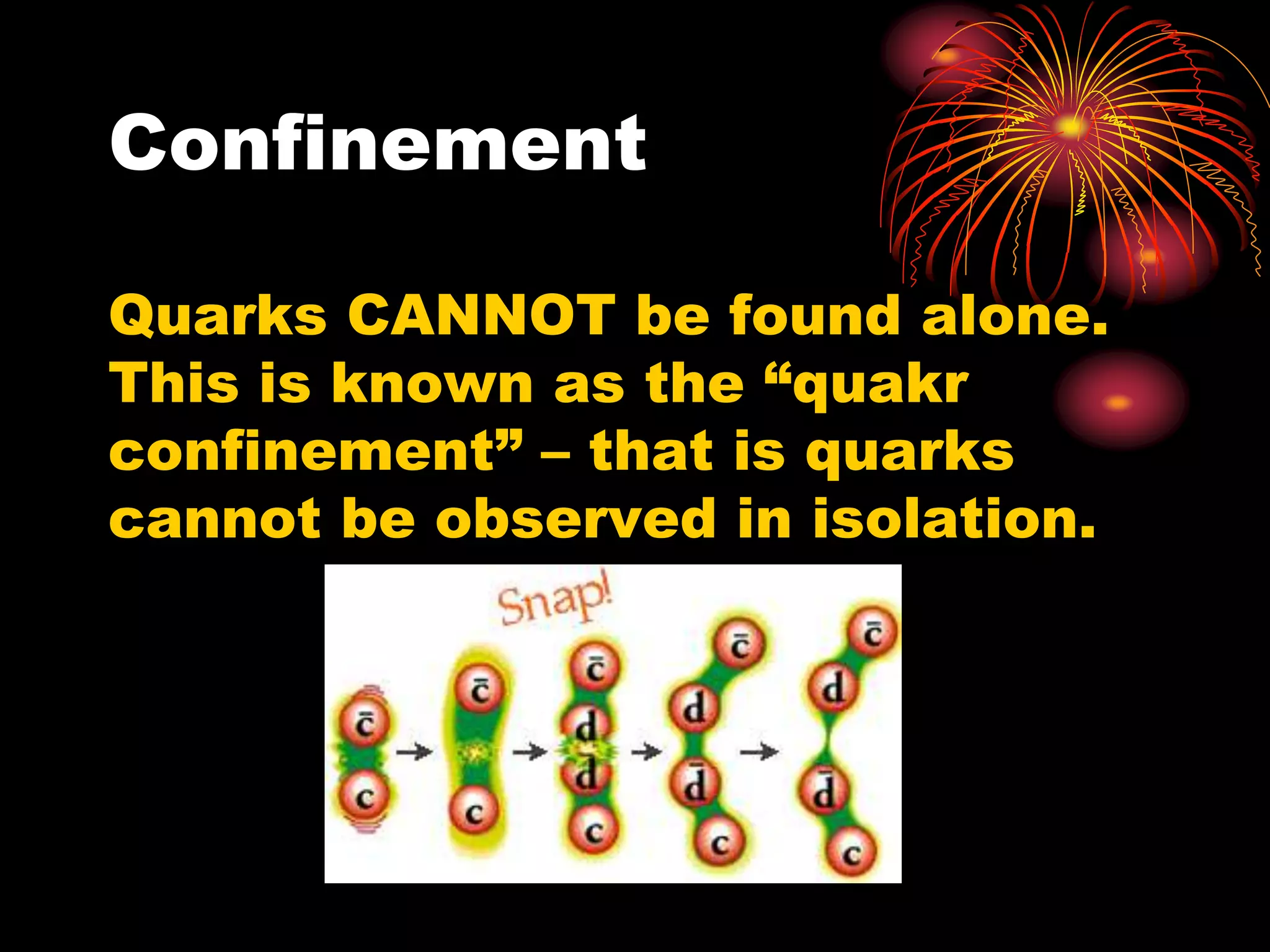 Confinement
Quarks CANNOT be found alone.
This is known as the “quakr
confinement” – that is quarks
cannot be observed in isolation.
 