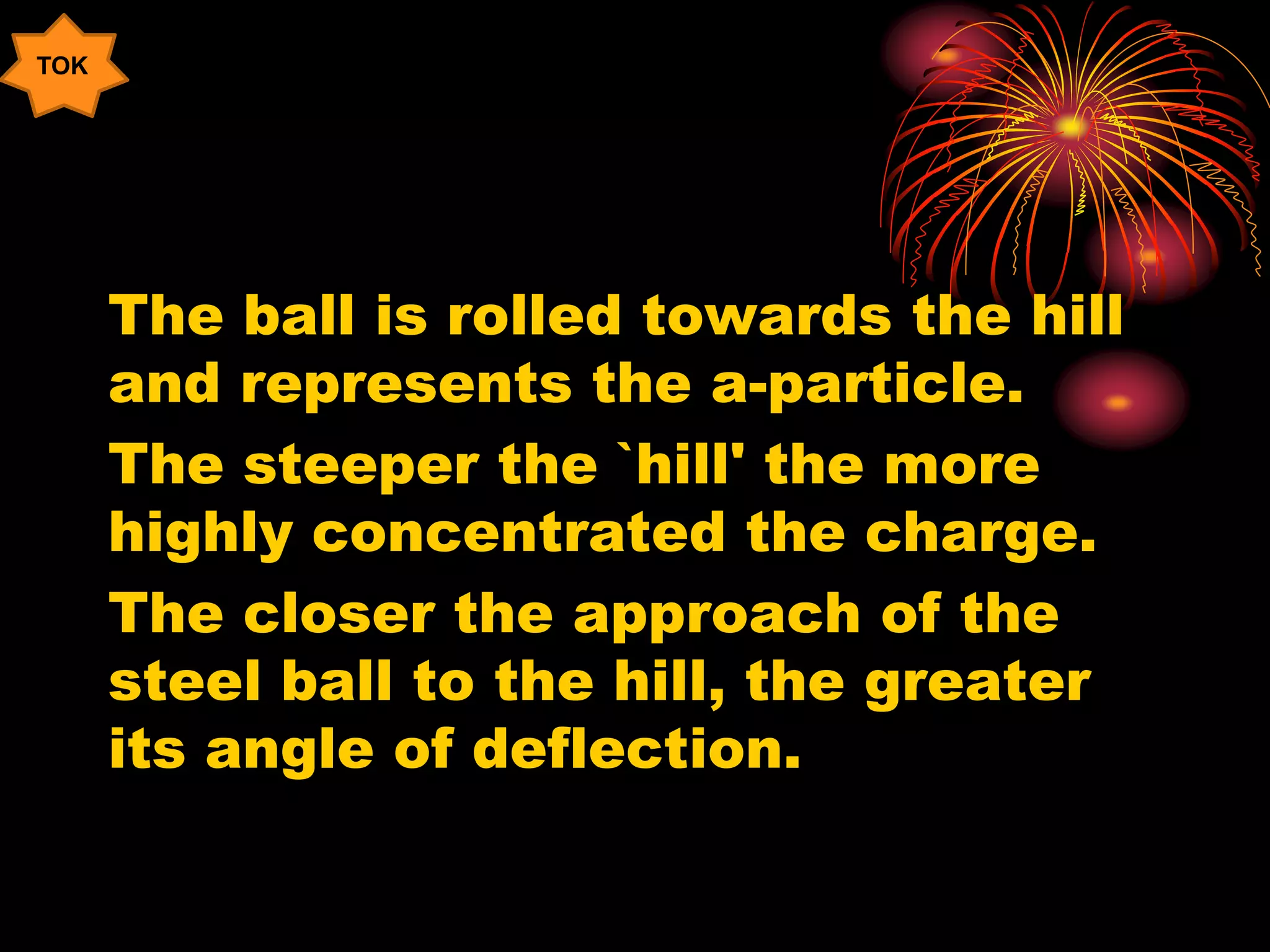 The ball is rolled towards the hill
and represents the a-particle.
The steeper the `hill' the more
highly concentrated the charge.
The closer the approach of the
steel ball to the hill, the greater
its angle of deflection.
TOK
 