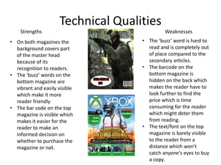 Technical Qualities
Strengths Weaknesses
• On both magazines the
background covers part
of the master head
because of its
recognition to readers.
• The ‘buzz’ words on the
bottom magazine are
vibrant and easily visible
which make it more
reader friendly
• The bar code on the top
magazine is visible which
makes it easier for the
reader to make an
informed decision on
whether to purchase the
magazine or not.
• The ‘buzz’ word is hard to
read and is completely out
of place compared to the
secondary articles.
• The barcode on the
bottom magazine is
hidden on the back which
makes the reader have to
look further to find the
price which is time
consuming for the reader
which might deter them
from reading.
• The text/font on the top
magazine is barely visible
to the reader from a
distance which won't
catch anyone's eyes to buy
a copy.
 