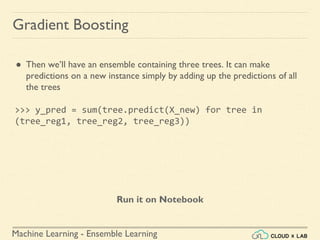 Machine Learning - Ensemble Learning
Gradient Boosting
● Then we’ll have an ensemble containing three trees. It can make
predictions on a new instance simply by adding up the predictions of all
the trees
>>> y_pred = sum(tree.predict(X_new) for tree in
(tree_reg1, tree_reg2, tree_reg3))
Run it on Notebook
 
