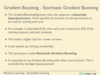 Machine Learning - Ensemble Learning
Gradient Boosting - Stochastic Gradient Boosting
● The GradientBoostingRegressor class also supports a subsample
hyperparameter, which specifies the fraction of training instances to
be used for training each tree.
● For example, if subsample=0.25, then each tree is trained on 25% of the
training instances, selected randomly.
● This trades a higher bias for a lower variance.
● It also speeds up training considerably.
● This technique is called Stochastic Gradient Boosting.
● It is possible to use Gradient Boosting with other cost functions. This is
controlled by the loss hyperparameter
 