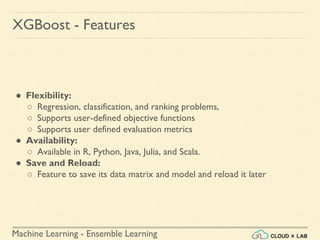 Machine Learning - Ensemble Learning
● Flexibility:
○ Regression, classification, and ranking problems,
○ Supports user-defined objective functions
○ Supports user defined evaluation metrics
● Availability:
○ Available in R, Python, Java, Julia, and Scala.
● Save and Reload:
○ Feature to save its data matrix and model and reload it later
XGBoost - Features
 