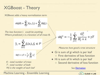 Machine Learning - Ensemble Learning
XGBoost - Theory
XGBoost adds a heavy normalization term
The loss function l could be anything.
Where predicted y is a function of all trees fk.
K - total number of trees
T - total number of leafs
Wj is the weight of each leaf
Measures how good a tree structure
● Gi is sum of gi which is per leaf
○ First derivative of loss function
● Hi is sum of hi which is per leaf
○ Second derivative of loss function
See Derivation
 