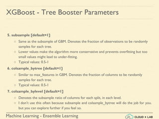 Machine Learning - Ensemble Learning
5. subsample [default=1]
○ Same as the subsample of GBM. Denotes the fraction of observations to be randomly
samples for each tree.
○ Lower values make the algorithm more conservative and prevents overfitting but too
small values might lead to under-fitting.
○ Typical values: 0.5-1
6. colsample_bytree [default=1]
○ Similar to max_features in GBM. Denotes the fraction of columns to be randomly
samples for each tree.
○ Typical values: 0.5-1
7. colsample_bylevel [default=1]
○ Denotes the subsample ratio of columns for each split, in each level.
○ I don’t use this often because subsample and colsample_bytree will do the job for you.
but you can explore further if you feel so.
XGBoost - Tree Booster Parameters
 