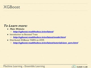 Machine Learning - Ensemble Learning
XGBoost
To Learn more:
● Main Website
○ http://xgboost.readthedocs.io/en/latest/
● Introduction to Boosted Trees
○ http://xgboost.readthedocs.io/en/latest/model.html
● Distributed XGBoost YARN on AWS
○ http://xgboost.readthedocs.io/en/latest/tutorials/aws_yarn.html
 