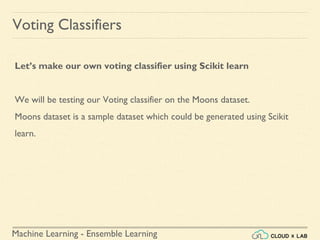 Machine Learning - Ensemble Learning
Voting Classifiers
Let’s make our own voting classifier using Scikit learn
We will be testing our Voting classifier on the Moons dataset.
Moons dataset is a sample dataset which could be generated using Scikit
learn.
 