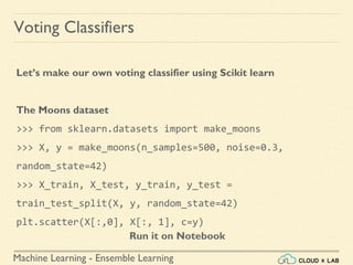 Machine Learning - Ensemble Learning
Voting Classifiers
Let’s make our own voting classifier using Scikit learn
The Moons dataset
>>> from sklearn.datasets import make_moons
>>> X, y = make_moons(n_samples=500, noise=0.3,
random_state=42)
>>> X_train, X_test, y_train, y_test =
train_test_split(X, y, random_state=42)
plt.scatter(X[:,0], X[:, 1], c=y)
Run it on Notebook
 