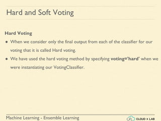 Machine Learning - Ensemble Learning
Hard and Soft Voting
Hard Voting
● When we consider only the final output from each of the classifier for our
voting that it is called Hard voting.
● We have used the hard voting method by specifying voting='hard' when we
were instantiating our VotingClassifier.
 