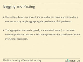 Machine Learning - Ensemble Learning
Bagging and Pasting
● Once all predictors are trained, the ensemble can make a prediction for a
new instance by simply aggregating the predictions of all predictors.
● The aggregation function is typically the statistical mode (i.e., the most
frequent prediction, just like a hard voting classifier) for classification, or the
average for regression.
 