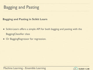 Machine Learning - Ensemble Learning
Bagging and Pasting
Bagging and Pasting in Scikit Learn
● Scikit-Learn offers a simple API for both bagging and pasting with the
BaggingClassifier class
● Or BaggingRegressor for regression.
 