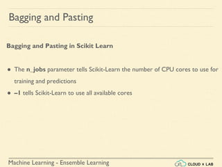 Machine Learning - Ensemble Learning
Bagging and Pasting
Bagging and Pasting in Scikit Learn
● The n_jobs parameter tells Scikit-Learn the number of CPU cores to use for
training and predictions
● –1 tells Scikit-Learn to use all available cores
 