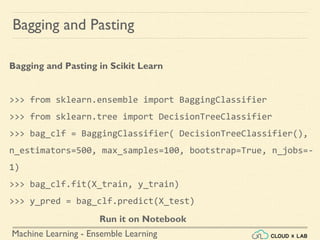 Machine Learning - Ensemble Learning
Bagging and Pasting
Bagging and Pasting in Scikit Learn
>>> from sklearn.ensemble import BaggingClassifier
>>> from sklearn.tree import DecisionTreeClassifier
>>> bag_clf = BaggingClassifier( DecisionTreeClassifier(),
n_estimators=500, max_samples=100, bootstrap=True, n_jobs=-
1)
>>> bag_clf.fit(X_train, y_train)
>>> y_pred = bag_clf.predict(X_test)
Run it on Notebook
 