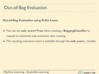 Machine Learning - Ensemble Learning
Out-of-Bag Evaluation
Out-of-Bag Evaluation using Scikit Learn
● You can set oob_score=True when creating a BaggingClassifier to
request an automatic oob evaluation after training.
● The resulting evaluation score is available through the oob_score_ variable.
 