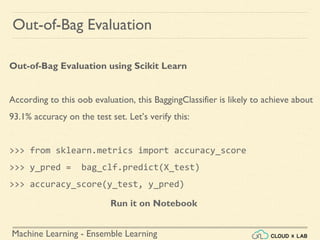 Machine Learning - Ensemble Learning
Out-of-Bag Evaluation
Out-of-Bag Evaluation using Scikit Learn
According to this oob evaluation, this BaggingClassifier is likely to achieve about
93.1% accuracy on the test set. Let’s verify this:
>>> from sklearn.metrics import accuracy_score
>>> y_pred = bag_clf.predict(X_test)
>>> accuracy_score(y_test, y_pred)
Run it on Notebook
 