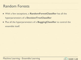 Machine Learning - Ensemble Learning
Random Forests
● With a few exceptions, a RandomForestClassifier has all the
hyperparameters of a DecisionTreeClassifier
● Plus all the hyperparameters of a BaggingClassifier to control the
ensemble itself.
 