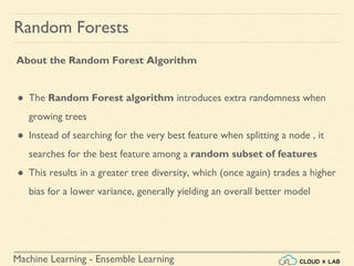 Machine Learning - Ensemble Learning
Random Forests
About the Random Forest Algorithm
● The Random Forest algorithm introduces extra randomness when
growing trees
● Instead of searching for the very best feature when splitting a node , it
searches for the best feature among a random subset of features
● This results in a greater tree diversity, which (once again) trades a higher
bias for a lower variance, generally yielding an overall better model
 