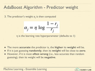 Machine Learning - Ensemble Learning
AdaBoost Algorithm - Predictor weight
3. The predictor’s weight αj is then computed
η is the learning rate hyperparameter (defaults to 1)
● The more accurate the predictor is, the higher its weight will be.
● If it is just guessing randomly, then its weight will be close to zero.
● However, if it is most often wrong (i.e., less accurate than random
guessing), then its weight will be negative.
 