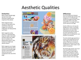 Aesthetic Qualities
Similarities:
Both of these double page
spreads have large
characters taking up the
majority of the spread.
Both magazines have
sections of text where the
masthead, article and
images are so that the
image does not take priority
over them.
Both magazines utilise
colours in a way that they
keep the reader interested
and don’t bore the reader
due to mundane and
desaturated colours. They
instead use bright and
vibrant colours.
Both magazines use images
which work with the colour
scheme of the double page
spread so that they don’t
stand out too much
compared to the rest of the
page.
Differences:
One of the differences between
these two double page spreads is the
background. In my double page
spread the background takes up the
entire page whilst in this other
spread there is an image that takes
up the majority of the page.
Another difference is the way the
background is used. In my double
page spread I use the background
aesthetically and make it look
interesting and colourful whilst on
this other spread they use the
background as something that’s sole
purpose is to overwrite.
The other double page spread has a
section of text separated from the
main image just like mine but my
section of text has a transparent
background so that you can see the
image behind it, which makes it look
better in my opinion.
My double page spread is also much
more colourful than this other
spread as I used a wide range of
colours whilst sticking to a colour
scheme yet this other double page
spread only used a few different
colours, mainly in the main image.
 