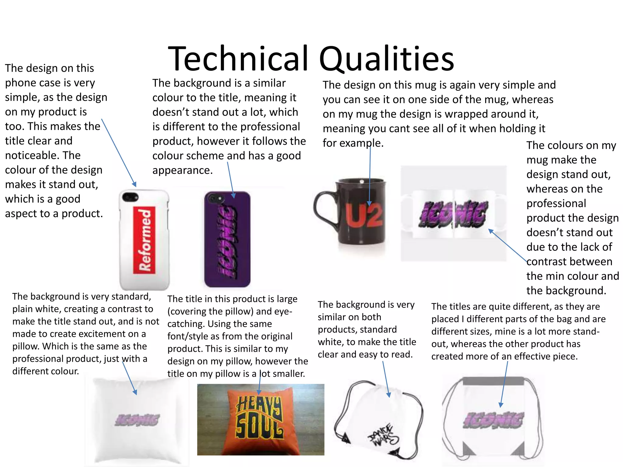 Technical QualitiesThe design on this
phone case is very
simple, as the design
on my product is
too. This makes the
title clear and
noticeable. The
colour of the design
makes it stand out,
which is a good
aspect to a product.
The colours on my
mug make the
design stand out,
whereas on the
professional
product the design
doesn’t stand out
due to the lack of
contrast between
the min colour and
the background.
The design on this mug is again very simple and
you can see it on one side of the mug, whereas
on my mug the design is wrapped around it,
meaning you cant see all of it when holding it
for example.
The background is a similar
colour to the title, meaning it
doesn’t stand out a lot, which
is different to the professional
product, however it follows the
colour scheme and has a good
appearance.
The background is very standard,
plain white, creating a contrast to
make the title stand out, and is not
made to create excitement on a
pillow. Which is the same as the
professional product, just with a
different colour.
The title in this product is large
(covering the pillow) and eye-
catching. Using the same
font/style as from the original
product. This is similar to my
design on my pillow, however the
title on my pillow is a lot smaller.
The background is very
similar on both
products, standard
white, to make the title
clear and easy to read.
The titles are quite different, as they are
placed I different parts of the bag and are
different sizes, mine is a lot more stand-
out, whereas the other product has
created more of an effective piece.
 