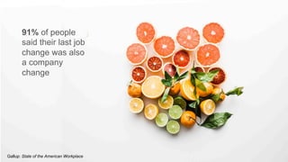 10
An overwhelming
majority of employees
(91%) say that the last
time they switched jobs,
they left their employer
to do so
91% of people
said their last job
change was also
a company
change
Gallup: State of the American Workplace
 
