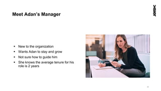 Meet Adan’s Manager
§  New to the organization
§  Wants Adan to stay and grow
§  Not sure how to guide him
§  She knows the average tenure for his
role is 2 years
32
 