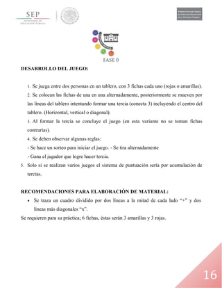 16
DESARROLLO DEL JUEGO:
1. Se juega entre dos personas en un tablero, con 3 fichas cada uno (rojas o amarillas).
2. Se colocan las fichas de una en una alternadamente, posteriormente se mueven por
las líneas del tablero intentando formar una tercia (conecta 3) incluyendo el centro del
tablero. (Horizontal, vertical o diagonal).
3. Al formar la tercia se concluye el juego (en esta variante no se toman fichas
contrarias).
4. Se deben observar algunas reglas:
- Se hace un sorteo para iniciar el juego. - Se tira alternadamente
- Gana el jugador que logre hacer tercia.
5. Solo si se realizan varios juegos el sistema de puntuación sería por acumulación de
tercias.
RECOMENDACIONES PARA ELABORACIÓN DE MATERIAL:
 Se traza un cuadro dividido por dos líneas a la mitad de cada lado “+” y dos
líneas más diagonales “x”.
Se requieren para su práctica; 6 fichas, éstas serán 3 amarillas y 3 rojas.
 